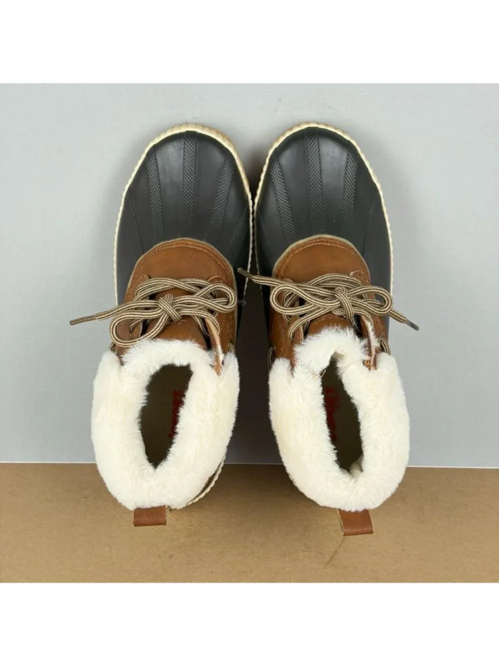 Jambu JSport Mary Faux Fur Lined Duck Boots Womens 8 Black Brown Cream Lace Up